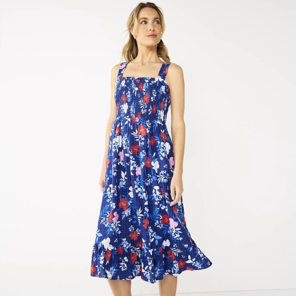 Draper James Dresses & Skirts - Draper James Women's Small Blue Multicolor Smocked Bodice Sheath Midi Dress NWOT